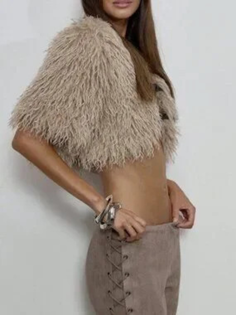 Khaki Sexy Women's Shaggy Faux Fur Buckle Strap Front Cropped Shrug Jacket